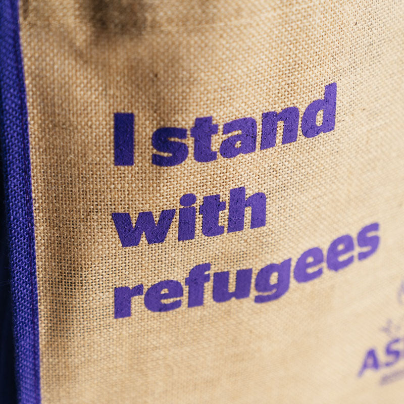 I Stand With Refugees Tote Bag (Natural/Purple)